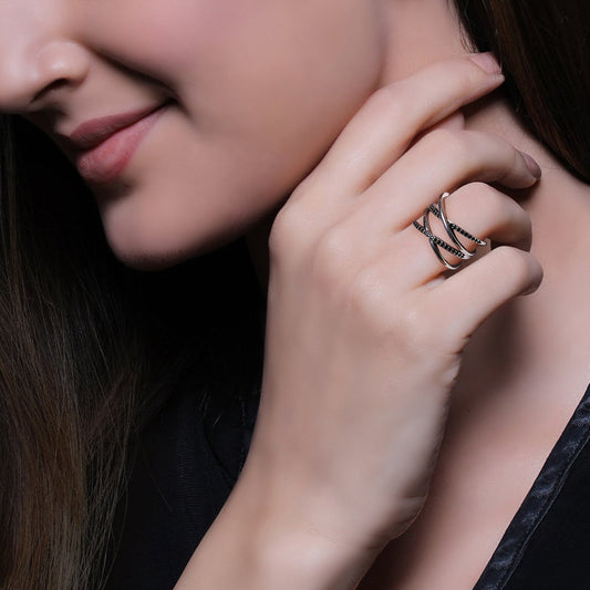 Silver Weave Black Zircon Ring