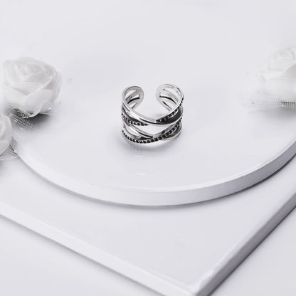 Silver Weave Black Zircon Ring